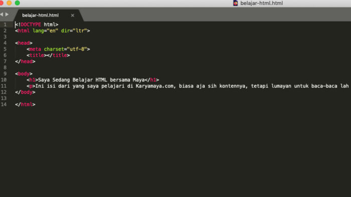 Ini tampilan sebuah file HTML jika kita menggunakan text editor sublime text 2