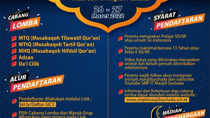Pendaftaran Syuhada Islamic Competition (SIC #3) dan Program Sepekan Bisa Baca Qur’an (SBBQ #2)